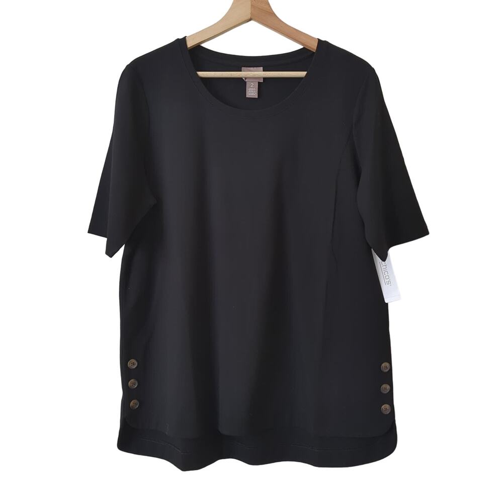 NWT Chico's Womens Top 2 Large Side Button Tunic Knit Shirt Black Short Sleeve